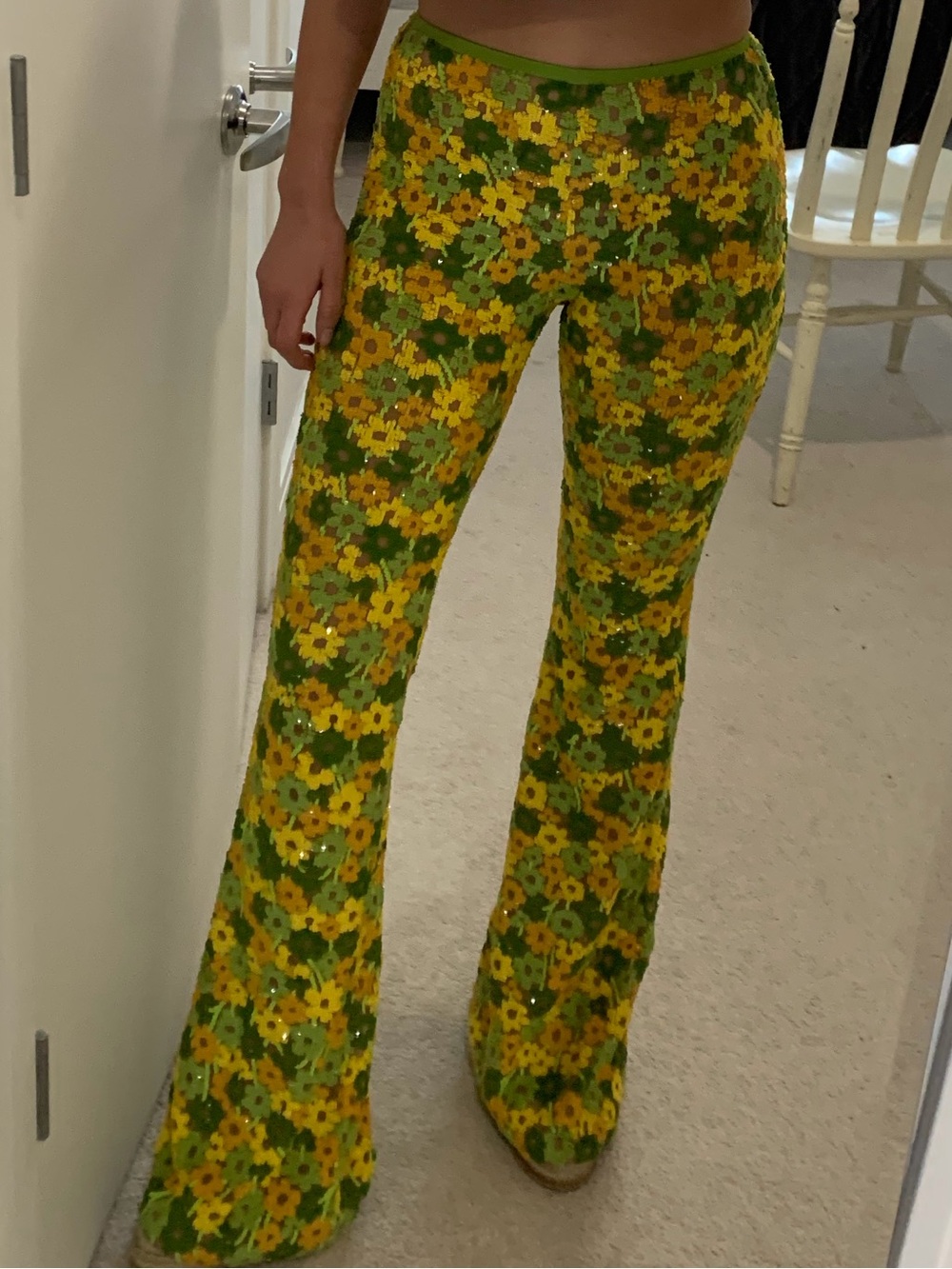 Michael Kors Collection Sequin Orange Green Floral Lace Flare Pant Trouser Sz 0